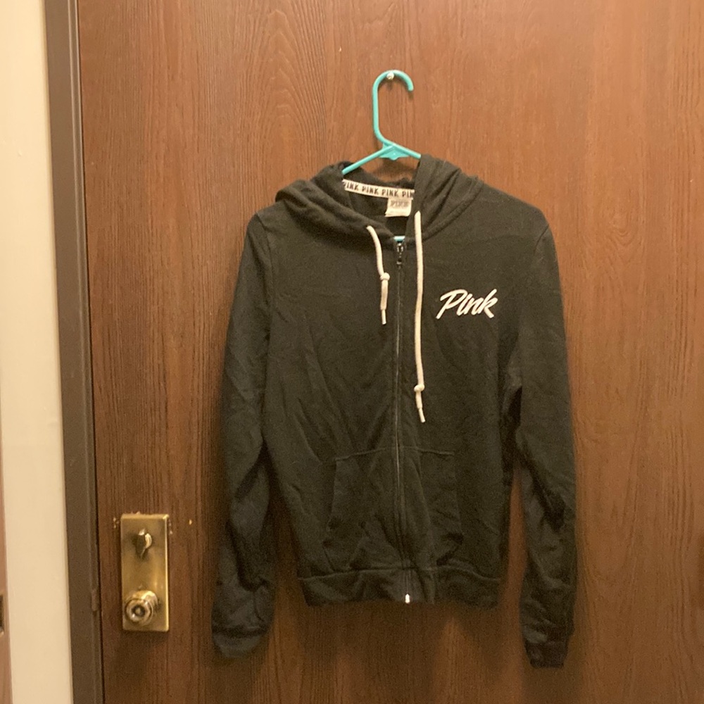 M Pink black hoodie with white graphic on sleeves